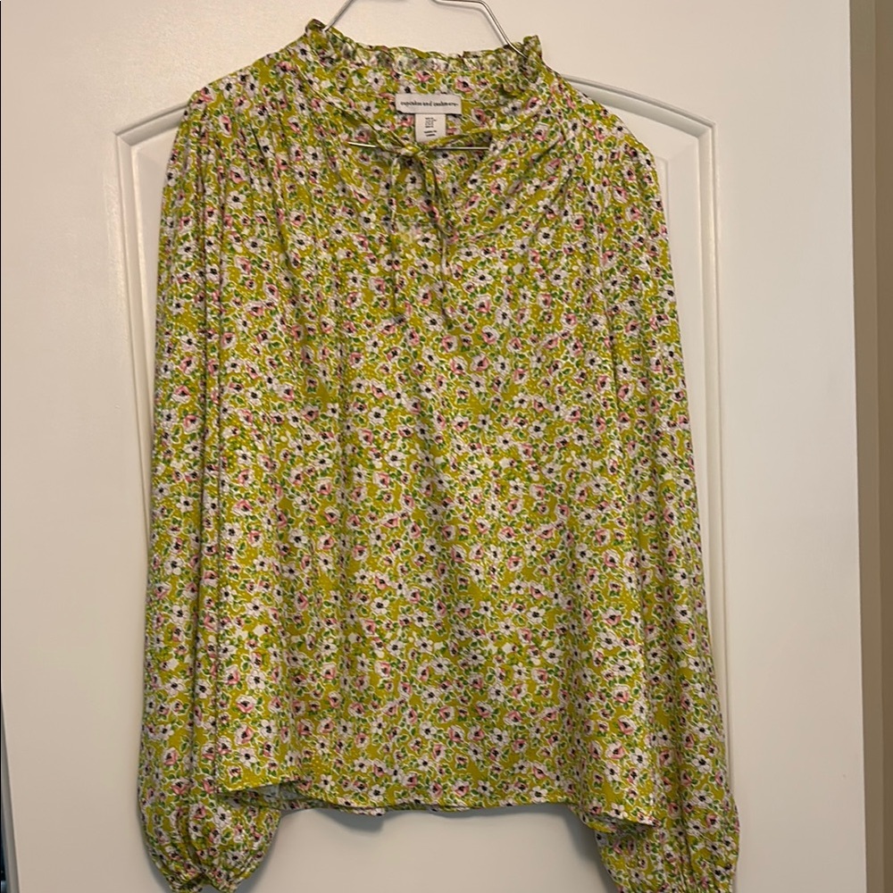 Cupcakes & Cashmere Yellow, Green and Pink Ruffled Blouse with Mandarin Collar